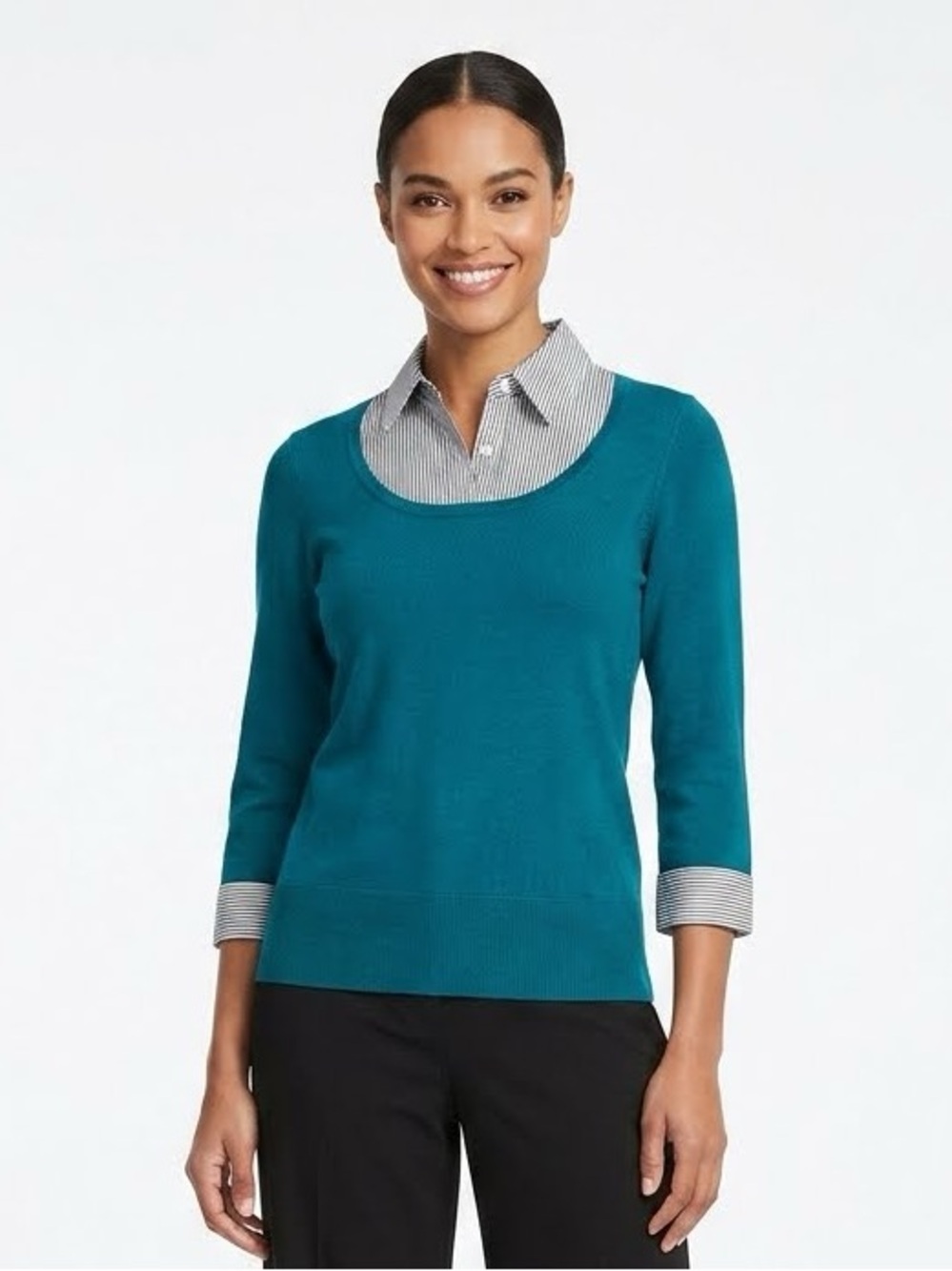 WHBM Lotus Teal Green 2-Fer Pullover Sweater Black White Stripe Shirt XS EUC $99